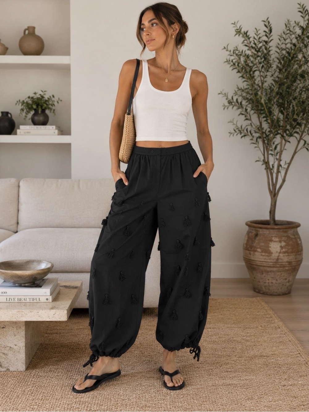 Tory Burch Black Cargo-Style Drawstring Tassel Pants